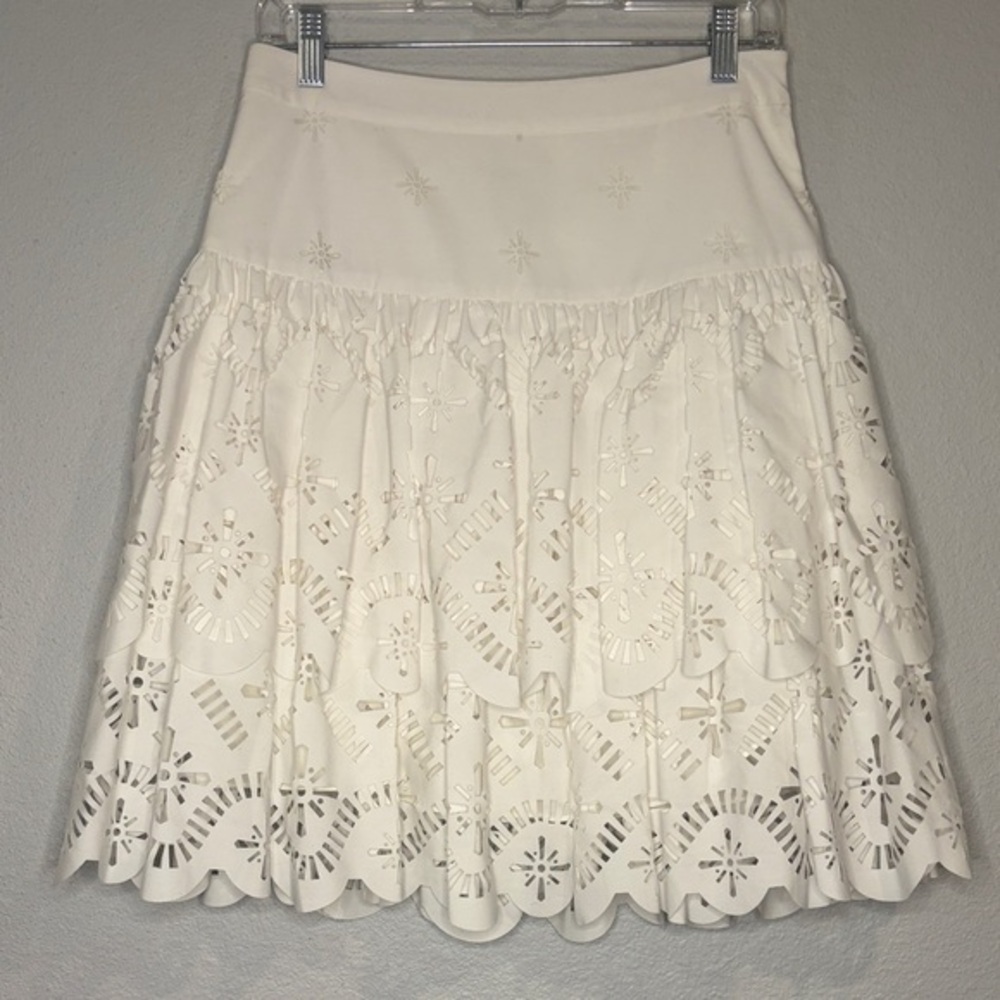 Milly of New York tiered eyelet laser cut skirt side zip lined white 4